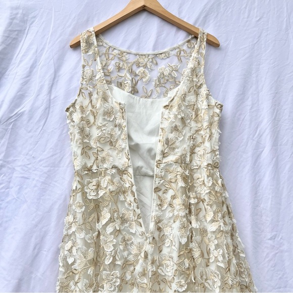 ADRIANNA PAPELL | METALLIC FLORAL EMBROIDERED FIT & FLARE GOWN IVORY GOLD DRESS - Picture 12 of 13